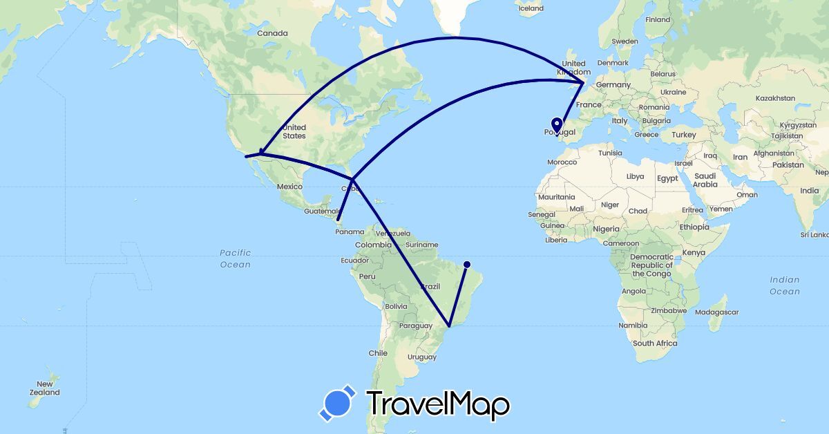 TravelMap itinerary: driving in Brazil, United Kingdom, Nicaragua, Portugal, United States (Europe, North America, South America)